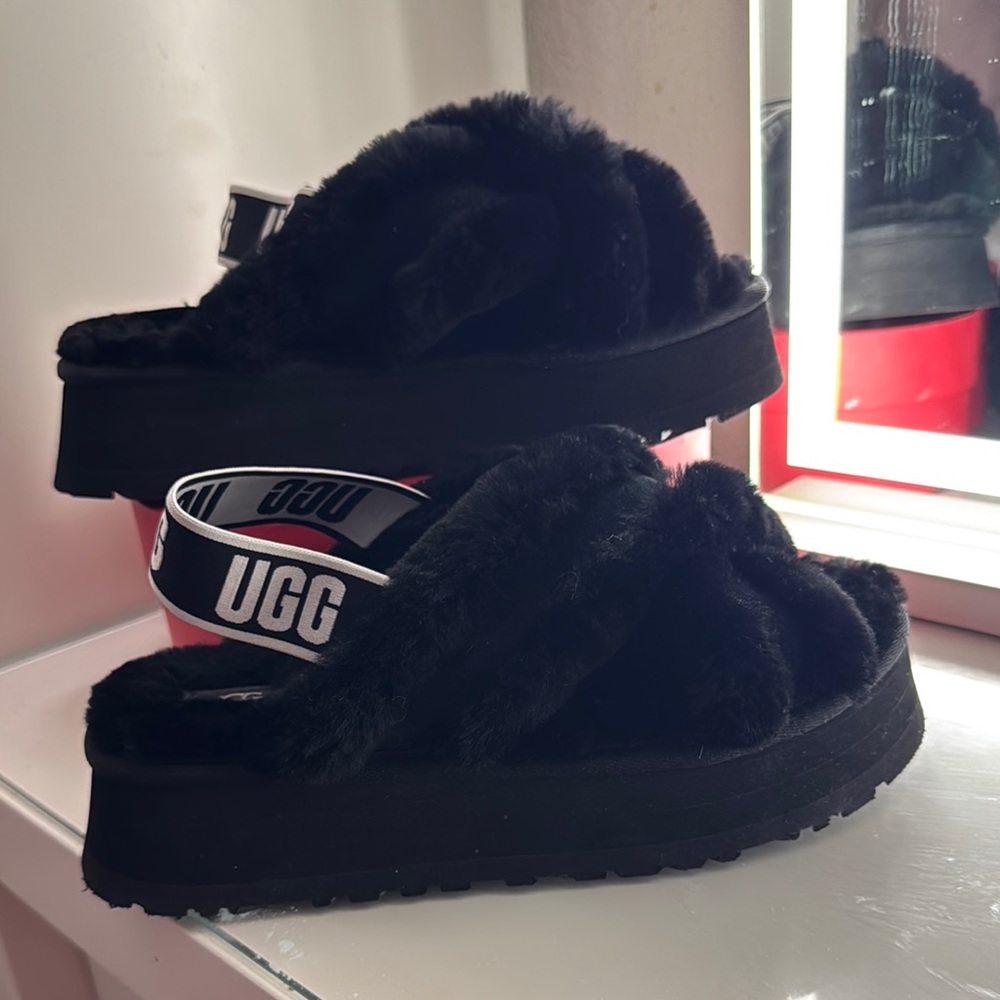 UGG Black Fluffy Platform Sandals